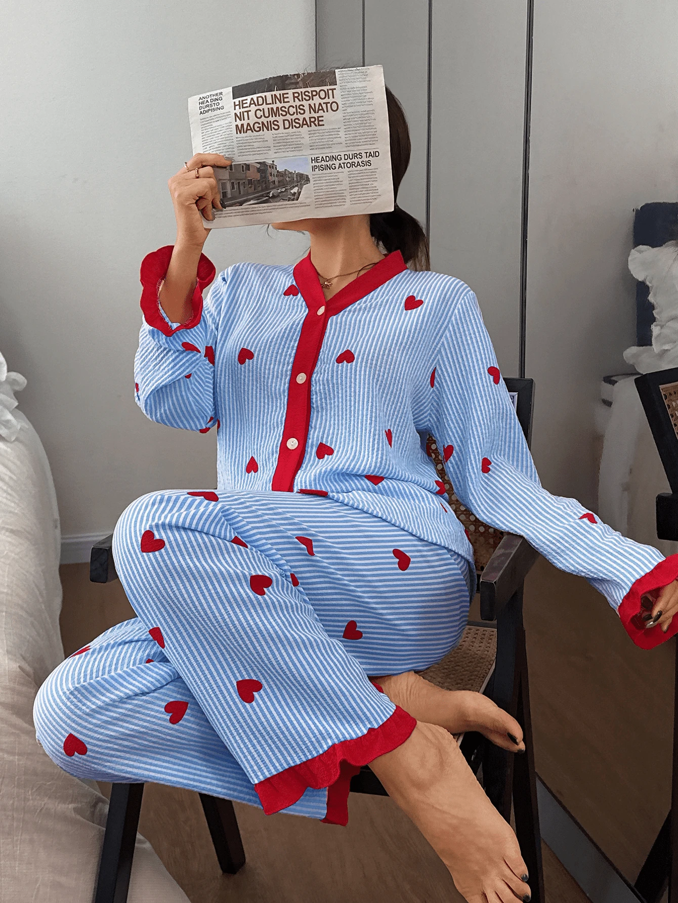 Dreamivo 优雅女士睡衣套装 - 心形图案 V 领长袖上衣和长裤，轻薄睡衣 - 藍色 - 查看 1