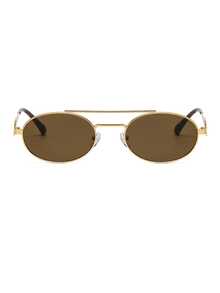 1pc Retro Metal Double-Bridge Oval Small Frame Fashion Glasses, Versatile Fashionable Street Style Eyewear - Brown - View 3