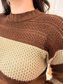 Women's Basic Striped Knit Sweater, Long Sleeve, Comfortable, Soft, Casual, Elegant, Woolen Winter Sweater - Rust Brown - View 5