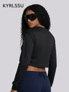 ZULIZ KYRLSSU Women's Black Textured Crew Neck Long Sleeve Cropped Top, Casual Loose Fit Short T-Shirt - Black - View 1