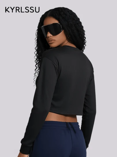 ZULIZ KYRLSSU 女士黑色纹理圆领长袖短款上衣，休闲宽松短款T恤