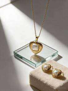 Bộ 3 món dây chuyền và bông tai thời trang nữ bằng vàng 18K, thép không gỉ, ngọc trai sinh học. Hình trái tim. Bông tai nữ thanh lịch thích hợp để đeo hàng ngày, dự lễ hội, tiệc tùng, đi làm, làm quà tặng Ngày của Mẹ và Lễ Phục Sinh. - Vàng - Xem 4