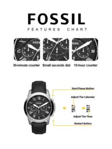 FOSSIL 男士石英腕表，黑色罗马数字表盘，计时功能，黑色皮表带，银色表壳，男士礼品 FS4812 - 黑色 - 查看 5