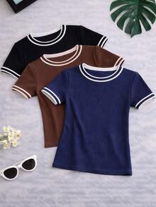 Set Of 3 Women's Short-Sleeve Blouses In Ribbed Knit Fabric With Round Neck And Neck And Sleeve Details - Basic Casual Fashion - 黑色/棕色/藏青色 - 查看 4