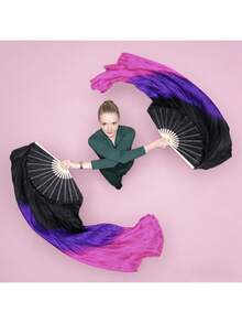 1对（左+右）女士人造丝肚皮舞扇面纱，长度180厘米，肚皮舞仿扇，折叠扇，加长扇，舞蹈长竹制人造丝扇 - 黑紫玫紅 - 查看 4