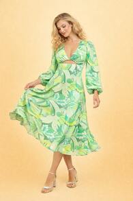 Women's Printed Maxi Dress With Deep Neckline, Underbust Cutout, Long Puff Sleeves And High Waist – Elegant Dress For Holidays, Dates, Dinner And Garden Parties - 青檸色 - 查看 4