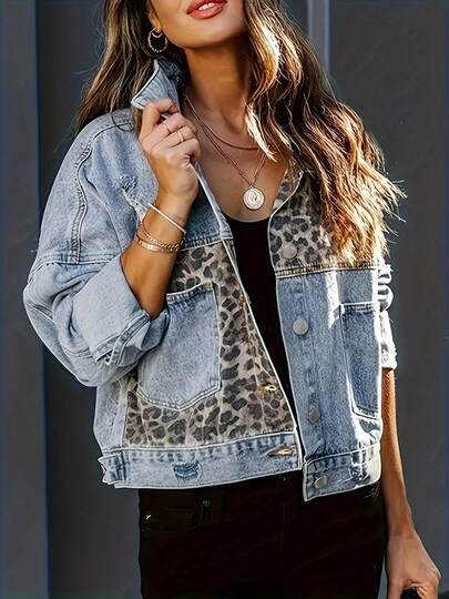 Chaqueta vaquera de manga larga para mujer, estampado de leopardo con parches, casual de primavera