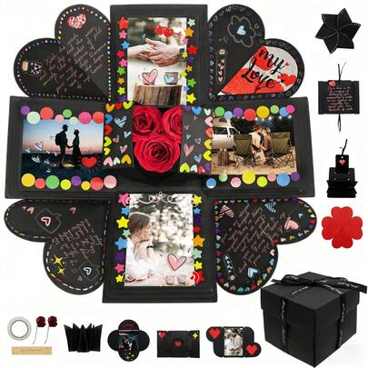 Hộp quà nổ tự làm, Album ảnh kỷ niệm bất ngờ thủ công, Hộp quà kỷ niệm tình yêu lắp ráp sẵn dạng pop-up dành cho sinh nhật, kỷ niệm, ngày Valentine, đám cưới, quà Giáng sinh (Màu đen)