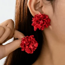 1 Pair Handmade Beaded Turquoise Earrings, Each Piece Unique, Elegant Earrings Suitable For Gifts - Red - View 2