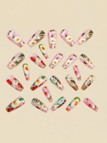 24 piezas de uñas postizas con decoración de insectos y flores de primavera - Uñas falsas de color nude base, suministros de manicura, uñas postizas largas, estilo Y2K - Multicolor - Ver 3