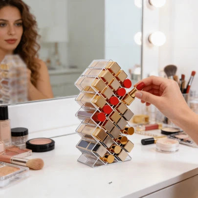 1pc Transparent Desktop Makeup Organizer, 12/28 Lipstick Holder, 24 Compartment Cosmetic Display Box, Multi-Functional Storage Rack, Suitable For Skincare, Lipstick, Lip Gloss, Perfume, Makeup Brushes, Perfect For Bathroom And Bedroom Vanity, Home Decor And Holiday Gift