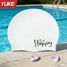 Yuke 1pc Cute Letter Print Silicone Swimming Cap, Waterproof High Elasticity Comfortable Ear Protection Long Hair Coverage, Essential For Swimming Pool, Beach, Cruise - Multicolor - View 11