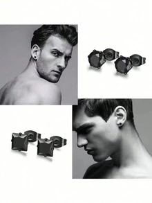 15对黑色耳环套装，深色系不锈钢耳钉套装，小众高端外观，男女皆宜的酷炫耳饰，时尚个性穿孔饰品，几何十字架吊坠耳环套装 - 黑色 - 查看 4