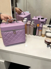 Multi-Color Mirror With Makeup Brush Storage, Rhombus Embroidered Pattern, Luxury Cosmetic Bag, All-In-One Portable Handheld Vanity Case, Bathroom Organizer, Boho Style Makeup Bag, Suitable For Vacation, Beach, Bathroom, Bedroom, Large Capacity - Multicolor - View 18