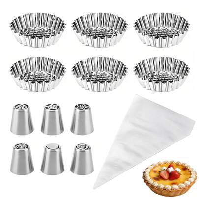 Bộ 26 khuôn bánh tart bằng thép không gỉ, khuôn bánh tròn có rãnh, khuôn bánh pudding chống dính, đầu phun kem kiểu Nga tích hợp tạo hình hoa hồng, dụng cụ làm bánh cỡ lớn.