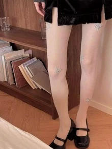 甜美3D蝴蝶水钻连裤袜，Y2K复古风薄丝袜，性感修身不透明连裤袜，高弹力渔网长袜 - 彩色 - 查看 4