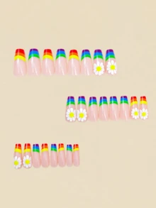 24pcs Rainbow Striped Daisy Pattern False Nails, Nail Art Supplies, Long Fake Nails, Y2K Style - Multicolor - View 4