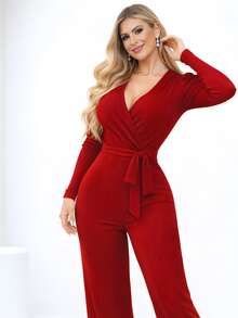 Women's Chic Long-Sleeved Striped Jumpsuit With Wide-Leg Pants, Ribbed And Elastane, Slim Fit, V-Neck, Casual And Elegant Winter Fashion - 紅色 - 查看 3