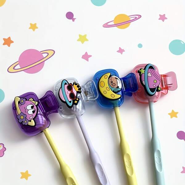 4pcs Toothbrush Holder Travel Container, Featuring Fun Planet Elements In White, Red, Blue, Purple Colors. Compact And Lightweight For Carrying, Perfectly Protects Toothbrush Head. The Toothbrush Holder Design With Two Small Holes Allows Better Drainage And Ventilation. Suitable For Home, Dorm, Hotel, Studio, Travel. The Interesting Design Brings More Happiness To Your Daily Life.