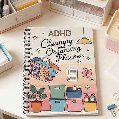 1pc ADHD Cleaning And Organizing Planner Spiral Notebook.Cute Cartoon Themed Daily Cleaning Checklist Planner, Motivational Home Organization Journal For ADHD Adults, Housekeeping & Life Management.Ideal Gift For ADHD Adults, Home Organizers & Anyone Needing Cleaning Motivation.