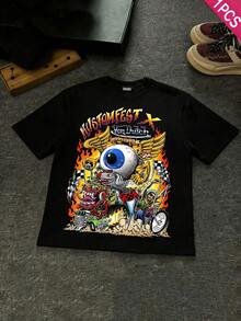 VON-DU,100 Days Of School Shirt,Kids Clothes Boys Summer T-Shirt, Graphic Tee,Unk-Inspired Flame Eyeball Graffiti Print, Ffun Style Graphic ,Boy Shirts,Athleisure Style, Street Fashion, Playful, Lively, Back-To-School Season - màu đen - Xem 1