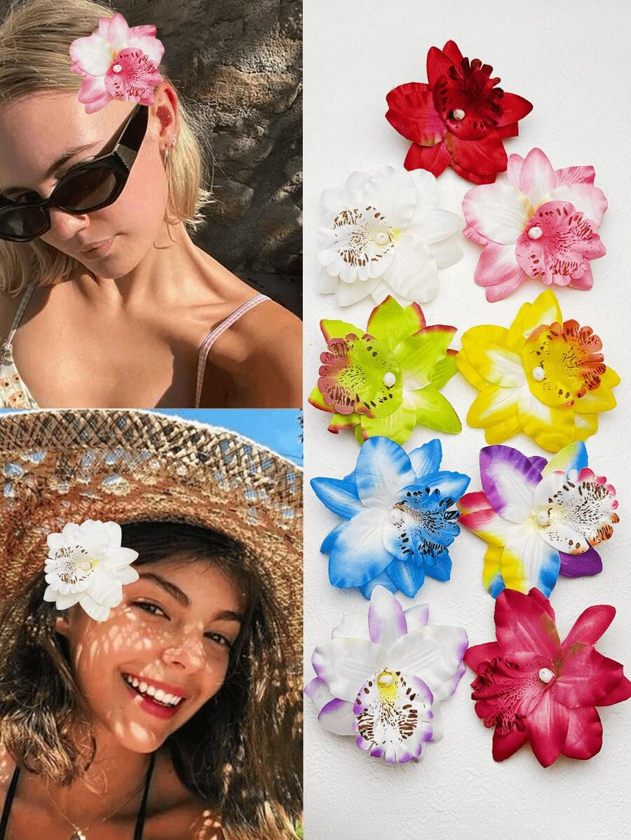 1/9件装女士夏威夷花朵发饰，波西米亚风发夹，泰国兰花，可爱优雅发卡，夏季海滩花朵发饰，送朋友的最佳礼物，服装配饰，拍照道具，芙蓉花，适合日常佩戴、派对、度假、旅行 - 彩色 - 查看 1