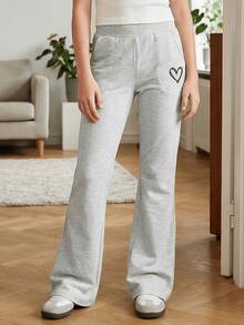 Quần jogger ống loe thêu hình trái tim màu xám dành cho nữ tuổi teen, cạp cao, lưng thun, kiểu dáng thoải mái, ôm sát. - Màu Xám nhạt - Xem 6