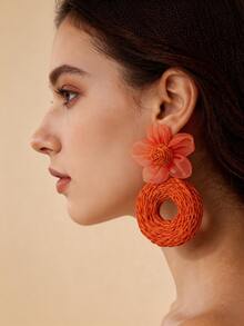 1 Pair Orange Mesh Flower Raffia Woven Round Drop Earrings, Vacation Style Bohemian Earrings - Orange - View 4