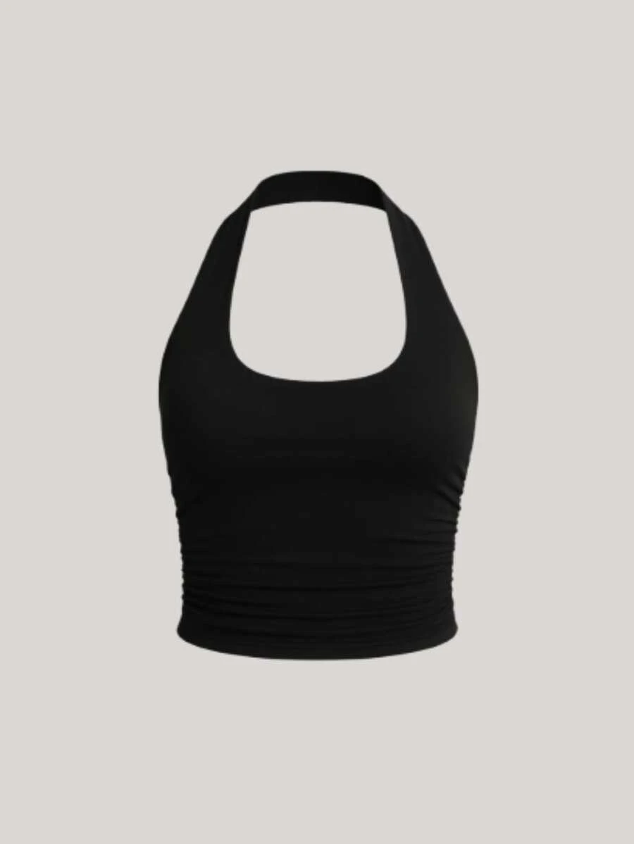 Women's Halter Neck Cropped Top, Backless, Slim Fit, SUPLEX Fabric - 黑色 - 查看 1