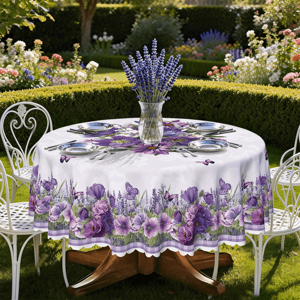 1pc Romantic Purple Floral Tablecloth, Made Of Polyester, Butterfly & Lavender Print, Rectangle, Square, Round Shape, Soft & Durable, Suitable For Kitchen, Dining Room, Wedding, Home Decor, Birthday, Anniversary, Dinner Party