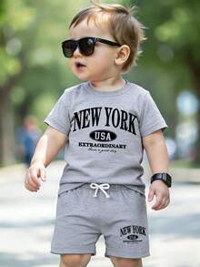 Baby Boy Letter Print Short Sleeve T-Shirt And Shorts Casual Outfit - Grey - View 1