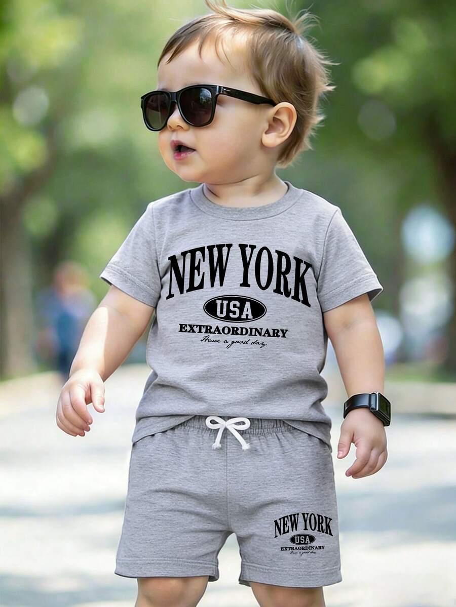 Baby Boy Letter Print Short Sleeve T-Shirt And Shorts Casual Outfit - Grey - View 1