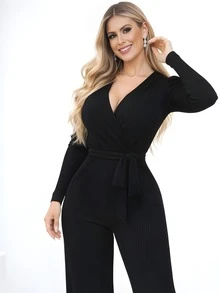 Women's Chic Long-Sleeved Striped Jumpsuit With Wide-Leg Pants, Ribbed And Elastane, Slim Fit, V-Neck, Casual And Elegant Winter Fashion - 黑色 - 查看 3
