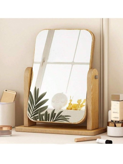 1 chiếc gương trang điểm xoay được, đế gỗ, bề mặt được đánh bóng, gương trang điểm để bàn có thể điều chỉnh, thích hợp cho phòng ngủ, phòng tắm, chăm sóc da và trang điểm hàng ngày, không cần pin.