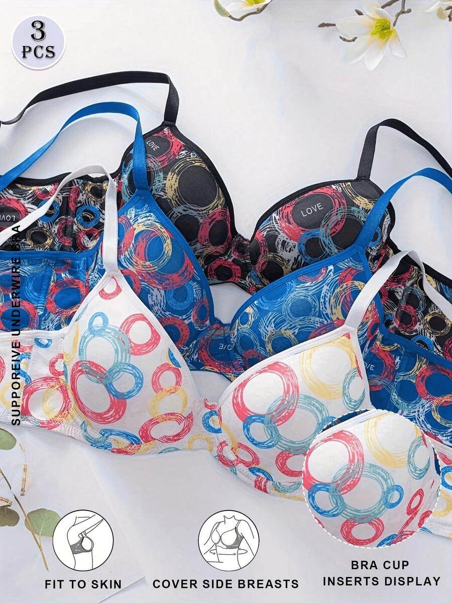 3pcs Women's Comfortable Printed Adjustable Strap Bras With Underwire - Multicolor - View 1