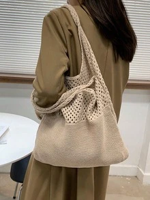 鏤空編織草編包 波西米亞風海灘托特包 大容量購物海灘包 時尚鏤空編織草編包 - 卡其色 - 查看 5