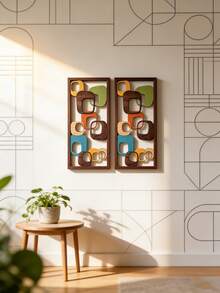 2 piezas de Arte mural de madera moderno medieval - Paneles geométricos abstractos en verde, naranja, azul y marrón, apropiados para la decoración de la sala de estar, elegante acento de pared interior, perfecto para el hogar u oficina, acabado de madera con textura para exhibición de pared interior - Multicolor - Ver 8