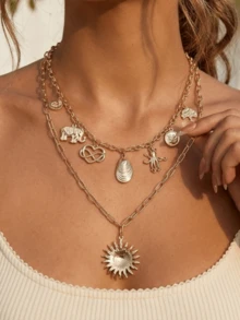 Dây chuyền nhiều lớp phong cách Boho dành cho nữ - Dây xích mắt xích hình kẹp giấy màu vàng với mặt dây chuyền hình mặt trời, vỏ sò và voi - Trang sức mùa hè đi biển, món trang sức tinh tế mang hơi hướng thiên thể. - Nhiều màu - Xem 2