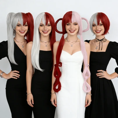 Red & White Color Block Split Wig, Durable Heat-Resistant Fiber, Perfect For Anime Cosplay, Two-Dimensional Comic Con & Daily Edgy Looks