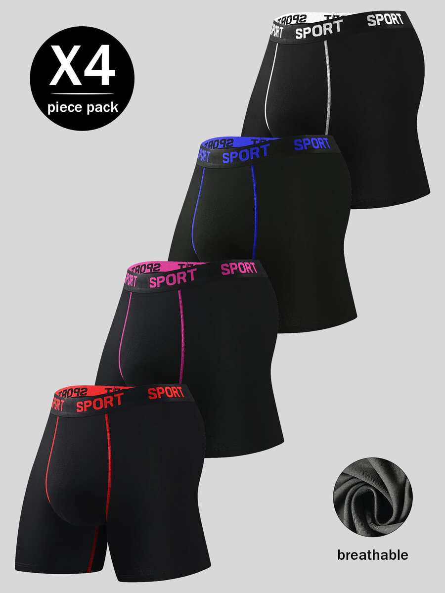 4 paquetes de calzoncillos tipo bóxer deportivos para hombres, transpirables, elásticos, con línea de contraste en la cintura deportiva, sin deslizamiento - Multicolor - Ver 1