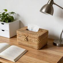 1pc Square Rattan Tissue Box Cover, Hand Woven Wicker Tissue Holder, Rattan Woven Storage Tissue Holder, Desktop Tissue Box Organizer, Home Office Desk Decoration - Brown - View 2