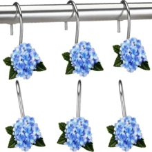 12pcs Spring Floral Theme Hydrangea Decorative Shower Curtain Hooks, Stainless Steel Rust-Proof Resin Metal Blue Flower Hydrangea Shower Curtain Rings, Home Bathroom Decor, Suitable For Bathroom, Bedroom, Living Room, Kitchen - 12pcs Blue - View 2
