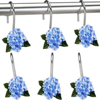 12 chiếc móc treo rèm tắm trang trí hình hoa cẩm tú cầu màu xanh dương, chống gỉ, làm bằng thép không gỉ và nhựa.