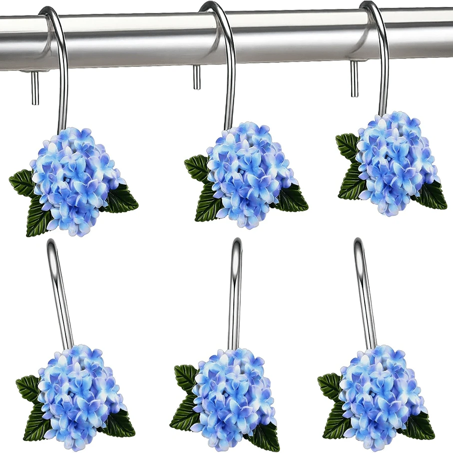 12pcs Spring Floral Theme Hydrangea Decorative Shower Curtain Hooks, Stainless Steel Rust-Proof Resin Metal Blue Flower Hydrangea Shower Curtain Rings, Home Bathroom Decor, Suitable For Bathroom, Bedroom, Living Room, Kitchen