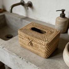 1pc Square Rattan Tissue Box Cover, Hand Woven Wicker Tissue Holder, Rattan Woven Storage Tissue Holder, Desktop Tissue Box Organizer, Home Office Desk Decoration - Brown - View 6