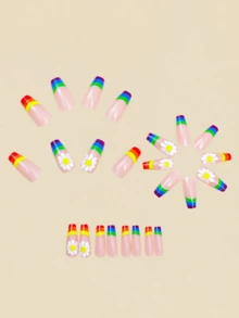 24pcs Rainbow Striped Daisy Pattern False Nails, Nail Art Supplies, Long Fake Nails, Y2K Style - Multicolor - View 2