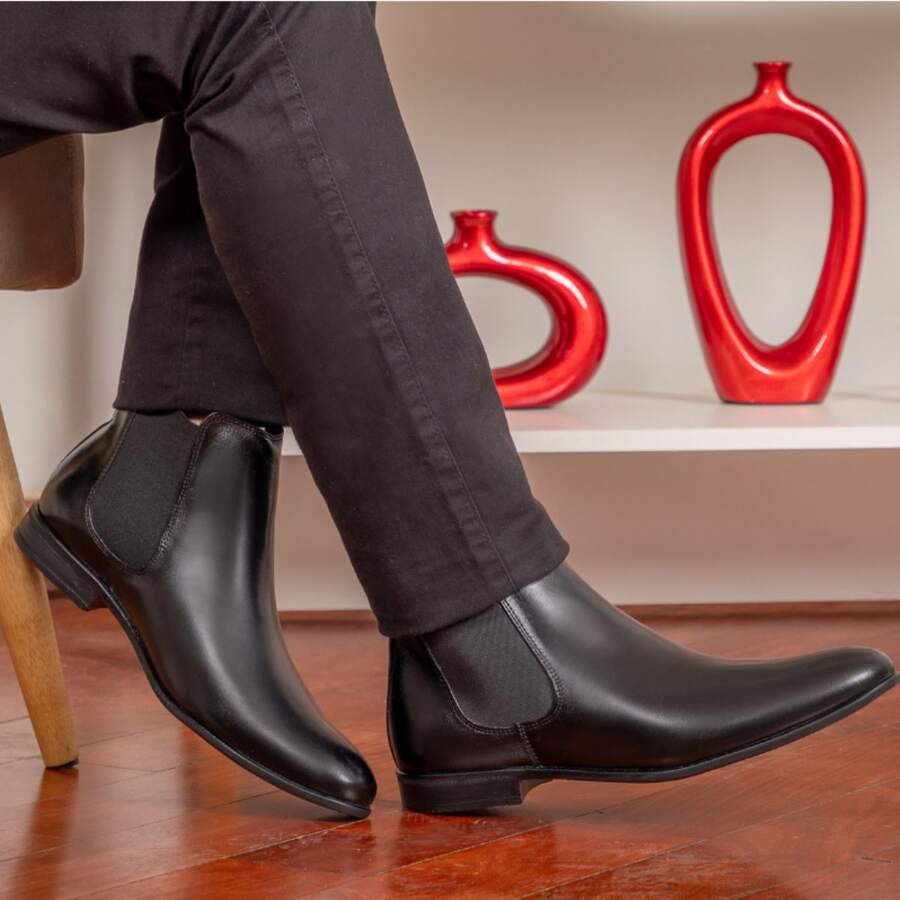 Berganno Men's Chelsea Boot In Genuine Leather, Classic, Elegant, Short Shaft - 黑色 - 查看 1