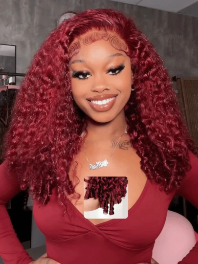 Wear Go 半头假发，深酒红色缅甸卷发，带弹力抽绳，可翻转佩戴，200% 密度，隐形绑带，三合一半头假发，自然发际线，真人发假发，无胶 Y2k 真人发假发，情人节礼物，日常佩戴发饰，快速发货，适合度假旅行，女士适用。