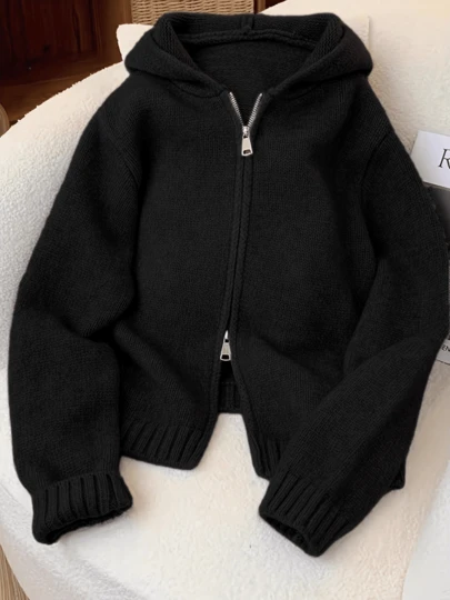 كارديجان مقاس كبير مزود بقلنسوة، محبوك بالريب، جاكيت محبوكة بأكمام طويلة وكتف منخفض بطول عادي مزودة بسحاب، جاكيت كاجوال بسيطة للخريف والشتاء، بلوزات سوداء لإطلالات العطلات للنساء