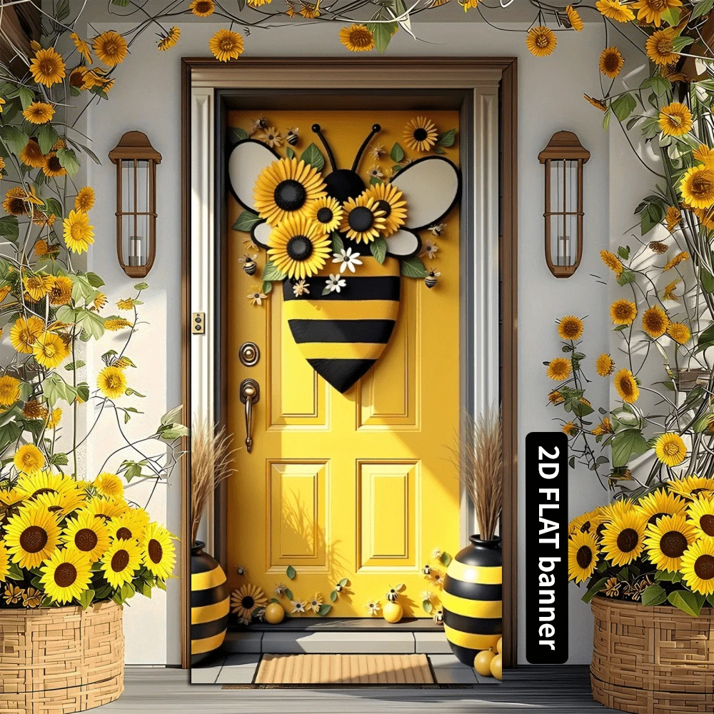 2D Flat Bee Theme Doorway Banner Curtain Flag, With Bee Details And Sunflower Design, Suitable For Spring, Camera Backdrop And Indoor/Outdoor Event Party Decoration
